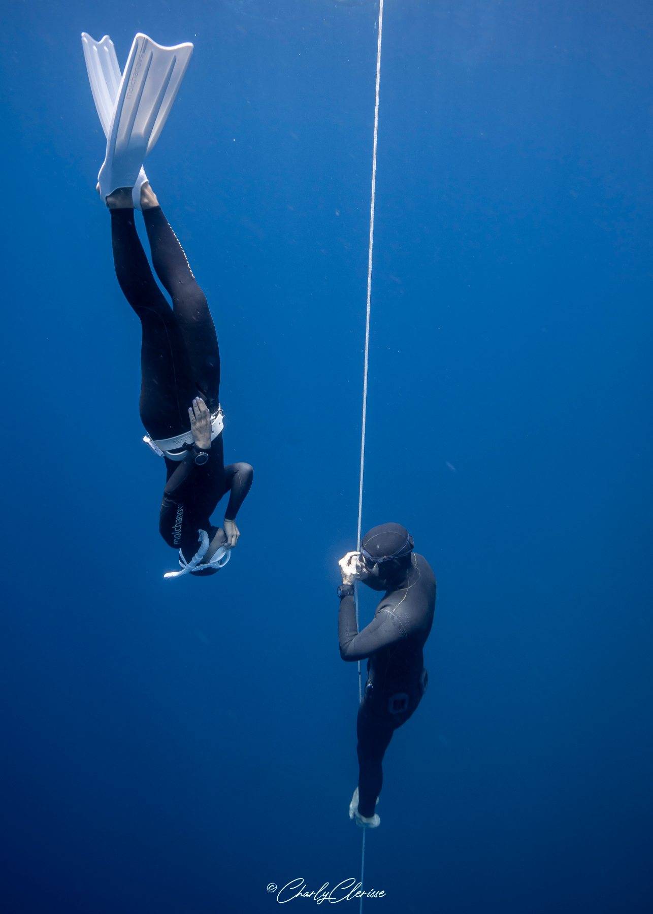 A freediver descending head-first beside the line while her buddy equalises on the rope